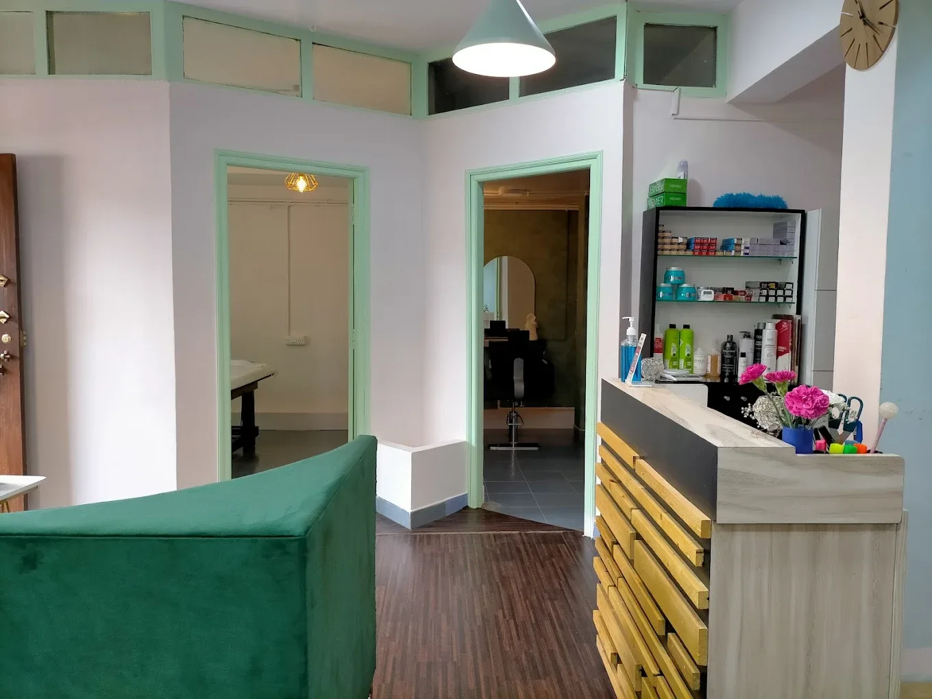 Salon interior with arched mirrors at Pixie Salon Jakkasandra Bengaluru